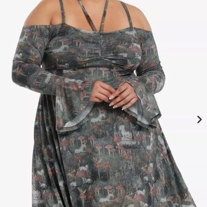 #HT342-NWT Hot Topic Gray Off-Shoulder Dress with Mushroom & Forest Print-2X